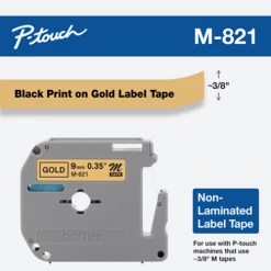M-821 | Original Brother Non-Laminated Tape For P-touch, 0.35" X 26.2 Ft - Black On Gold