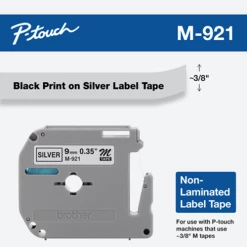 M-921 | Original Brother Non-Laminated Tape For P-touch, 0.35" X 26.2 Ft - Black On Silver