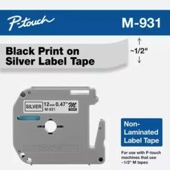 M-931 | Original Brother Non-Laminated Tape For P-touch, 0.47" X 26.2 Ft - Black On Silver