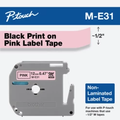 M-E31 | Original Brother Non-Laminated Tape For P-touch, 0.47" X 26.2 Ft - Black On Pink